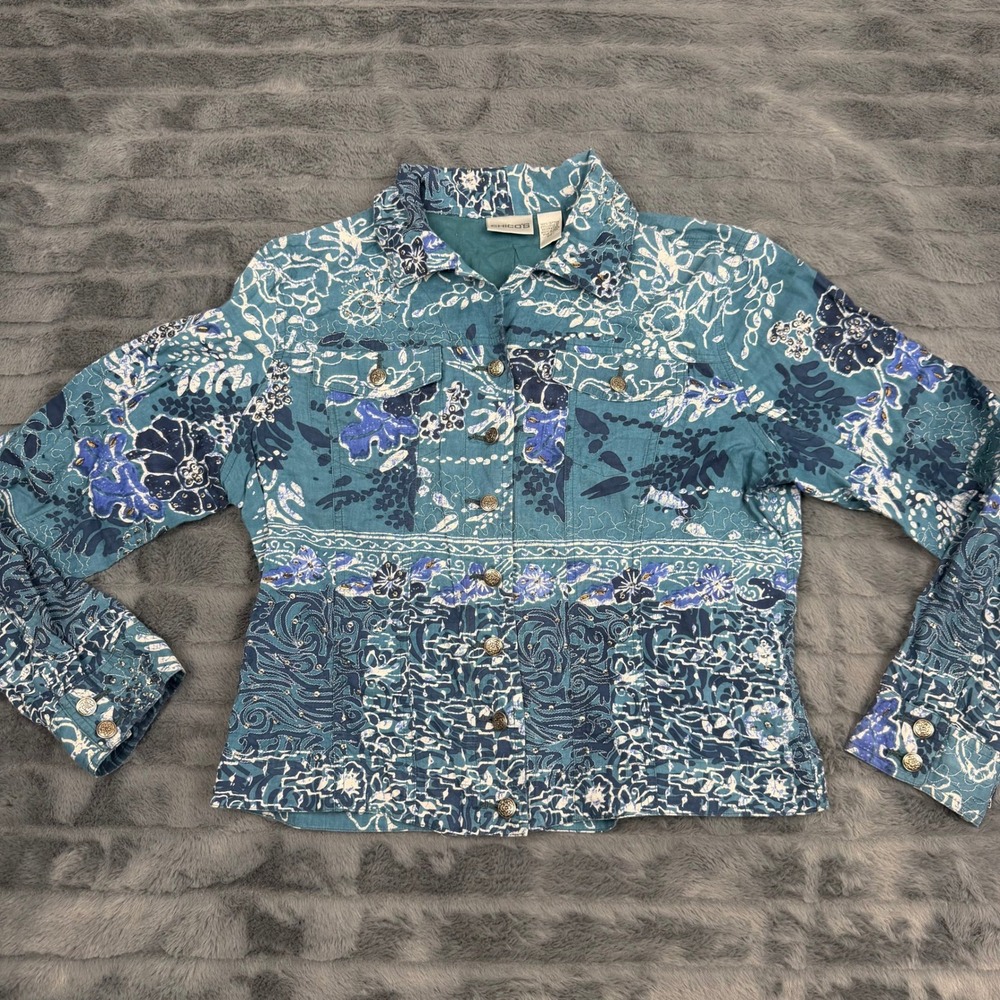 Chicos Blue Floral Paisley Sequin Embroidered Cotton Jacket Size 1 M RN 79984